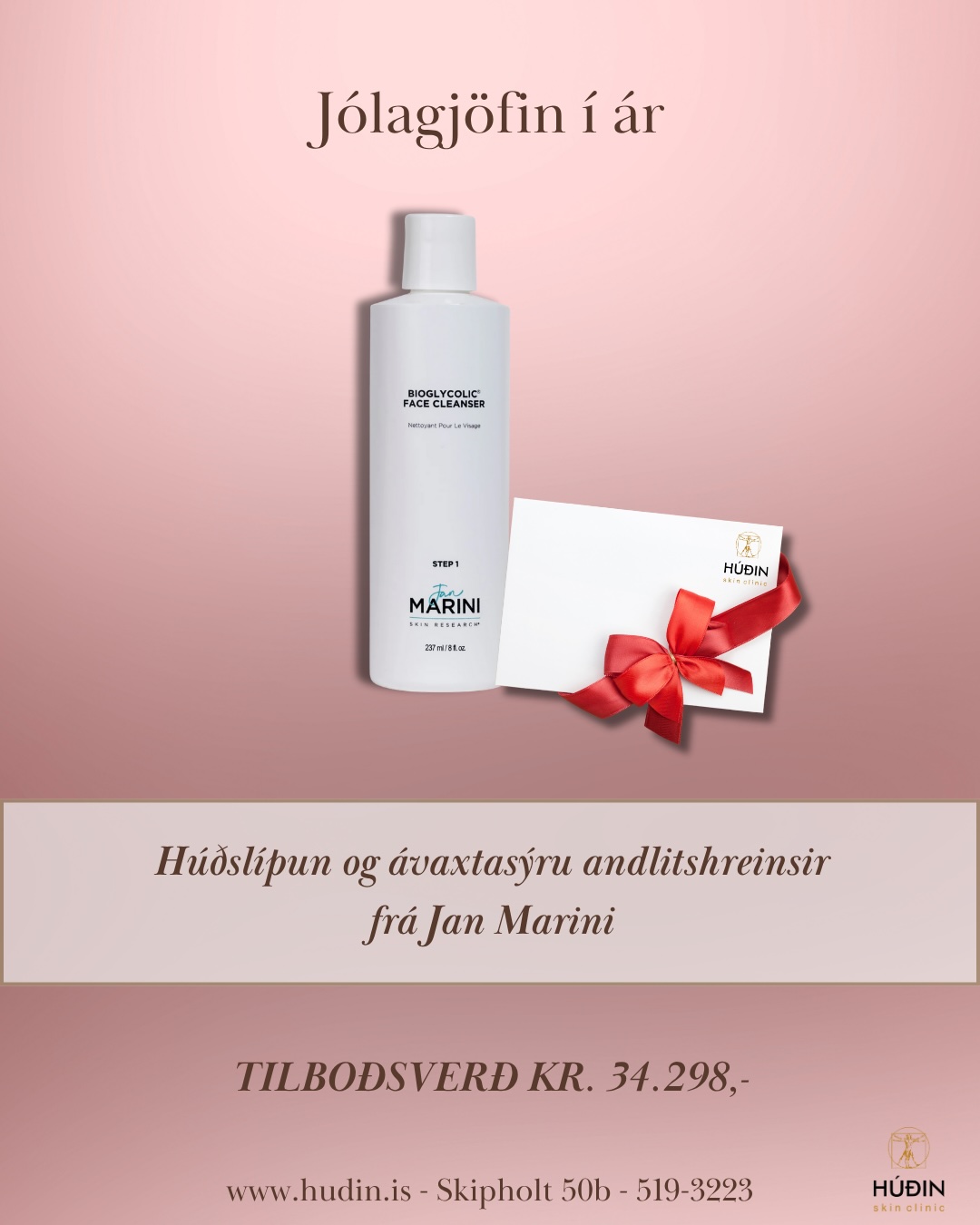Jólagjöfin er húðslípun og ávaxtasýruhreinsir frá Jan Marini. Hentar fyrir herra og dömur. Tilboðsverð 34.298,-